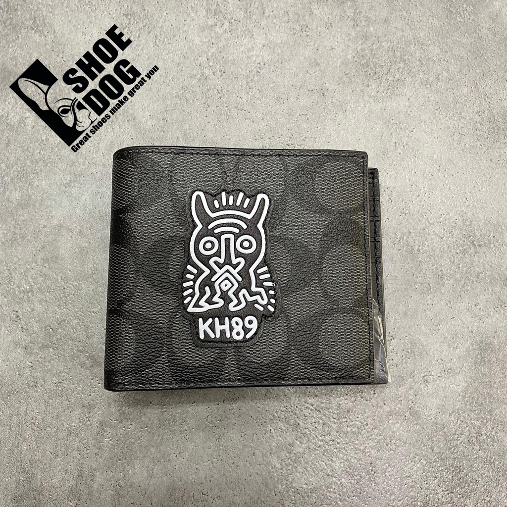 Bóp ví ngắn hàng hiệu nam nữ Coach gập đôi có tặng kèm card holder màu mono đen hình cú