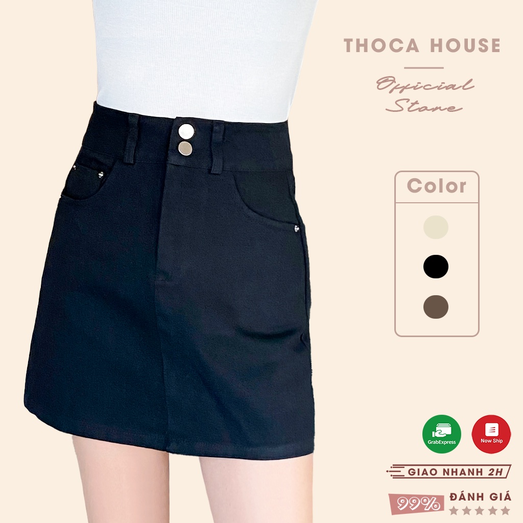 Chân váy nữ sinh dáng A vải kaki dày dặn trơn 2 nút THOCA HOUSE có lót trong, thoải mái cực xinh