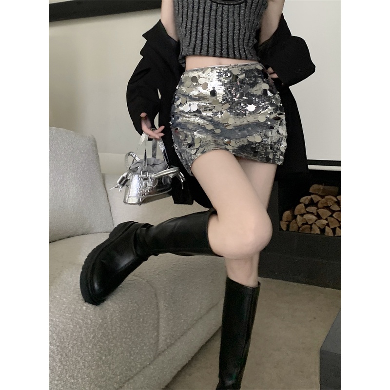 QADCOL Bộ Áo Dệt Kim Ôm Dáng Phối Chân Váy Lưng Cao Đính Kim Sa Lấp Lánh Quyến Rũ Cho Nữ