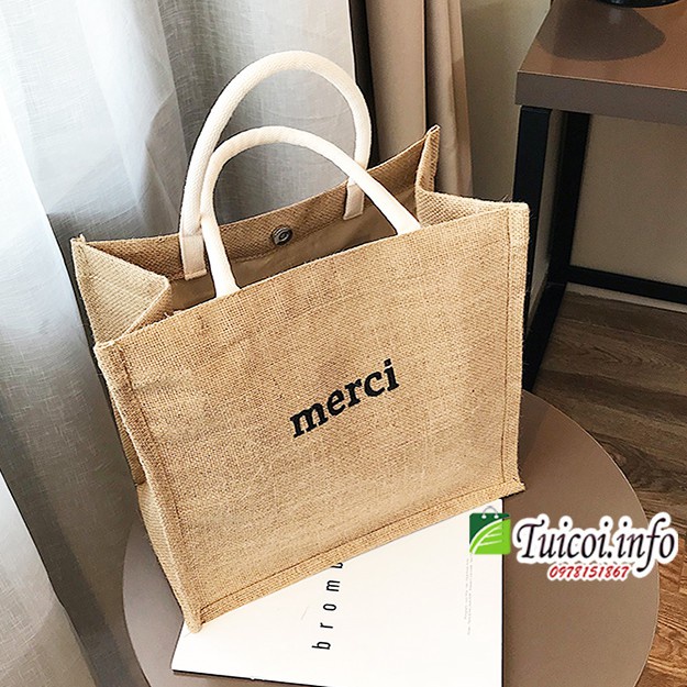 Túi cói merci loại 1 màu sáng, có đệm đáy giữ form túi, có lót