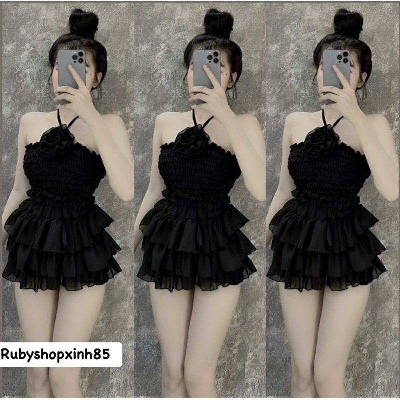 Set đầm váy nữ áo cổ yếm croptop bo chun mix chân váy voan tầng có lót kiểu dáng sexy dành cho các nàng đi chơi.