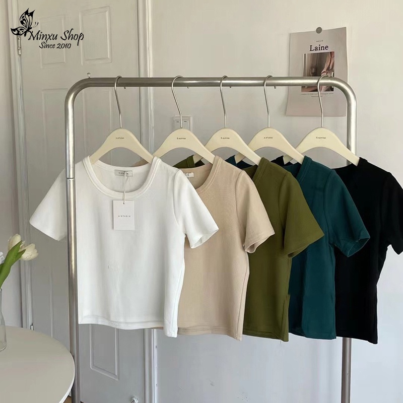 Áo phông ngắn tay cổ tròn trơn nhiều màu Minxu shop PG16