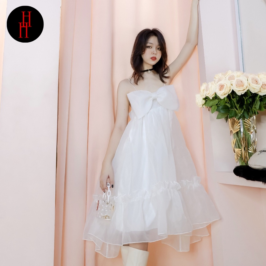 Váy HDT232 babydoll trắng hai dây nơ ngực siêu đáng yêu Hỉn Hỉn Store