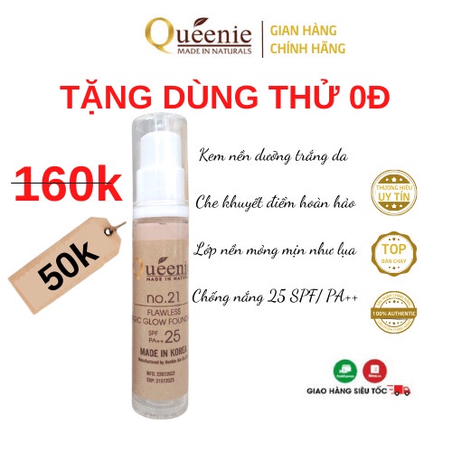 Kem nền dưỡng sáng da mịn nhẹ kiềm dầu Queenie Foundation chống nắng lâu trôi Hàn Quốc chính hãng 10ml