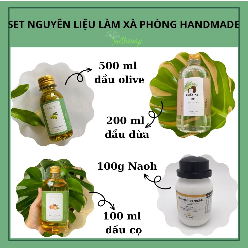 Set nguyên liệu làm xà phòng handmade, combo 3 loại dầu làm xà phòng kèm xút naoh