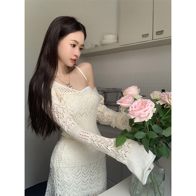 Lalisas Đầm Dệt Kim Tay Dài Khoét Rỗng Gợi Cảm Phong Cách Pháp Cho Nữ