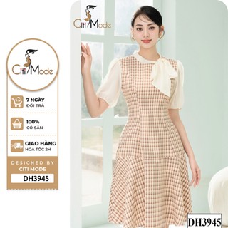 Đầm công sở CITI MODE FASHION thiết kế dáng xoè kẻ caro nâu phối cổ nơ DH3945