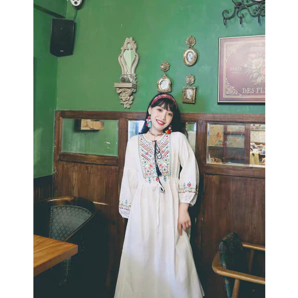 Váy vintage dáng dài đầm maxi thêu họa tiết thổ cẩm chất đũi nhật  size đến 70kg