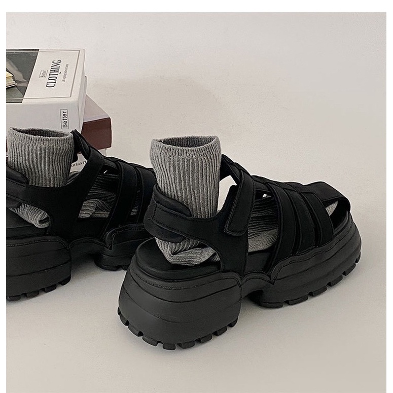 Giày sandal mũi rọ nữ phong cách la mã đế cao 6cm chất liệu vải đế cao su phong cách cá tính ulzzang