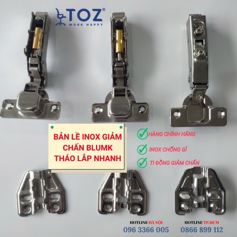 Bản lề inox 304 giảm chấn tháo lắp nhanh Blumk loại 1, bản lề lắp đặt bàn hộc tủ áo, tủ bếp chính hãng cao cấp