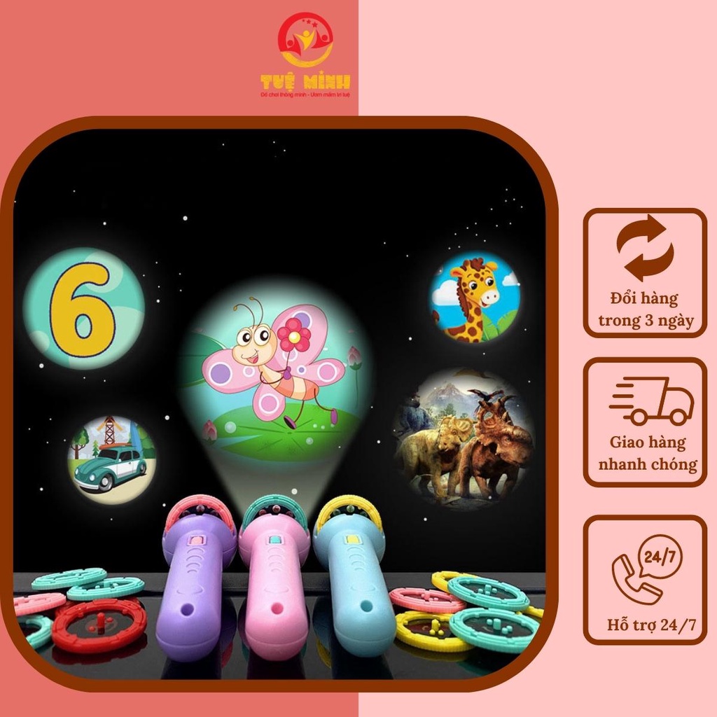 Đèn pin chiếu hình cho bé full 80 hình (10 thẻ) động vật, giao thông, trái cây, Tuệ Minh Kid's