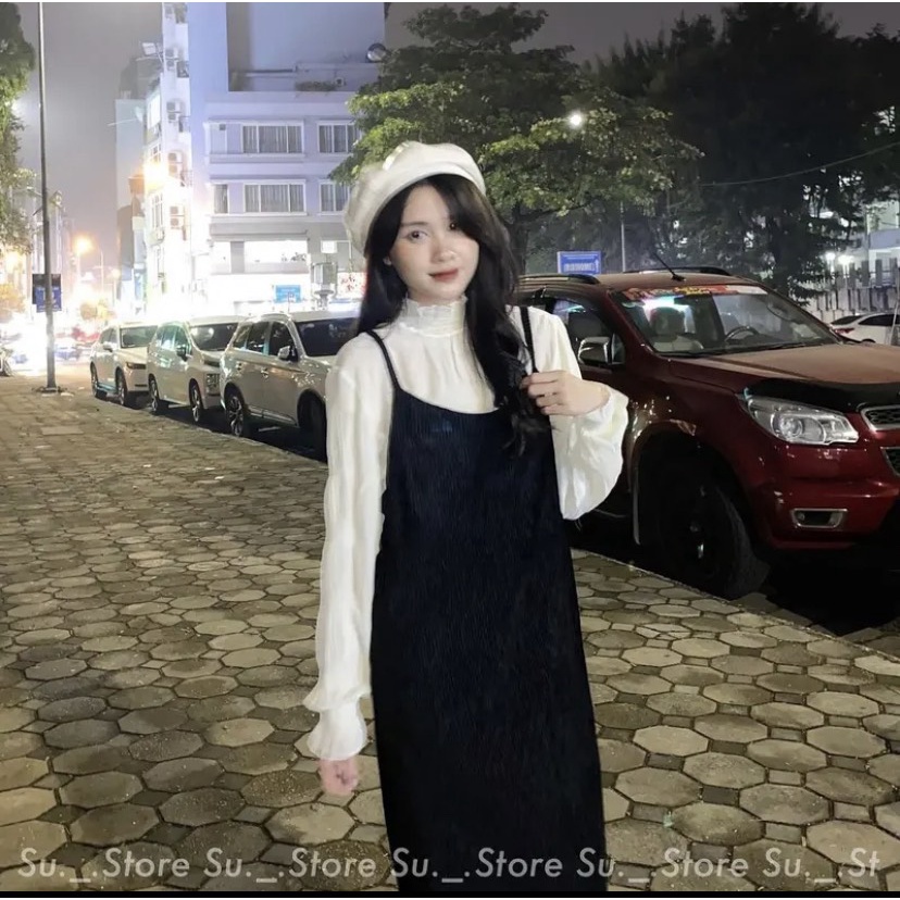 Set yếm 2 dây chất nhung mịn kèm áo sơ mi bo cổ dài tay nhún