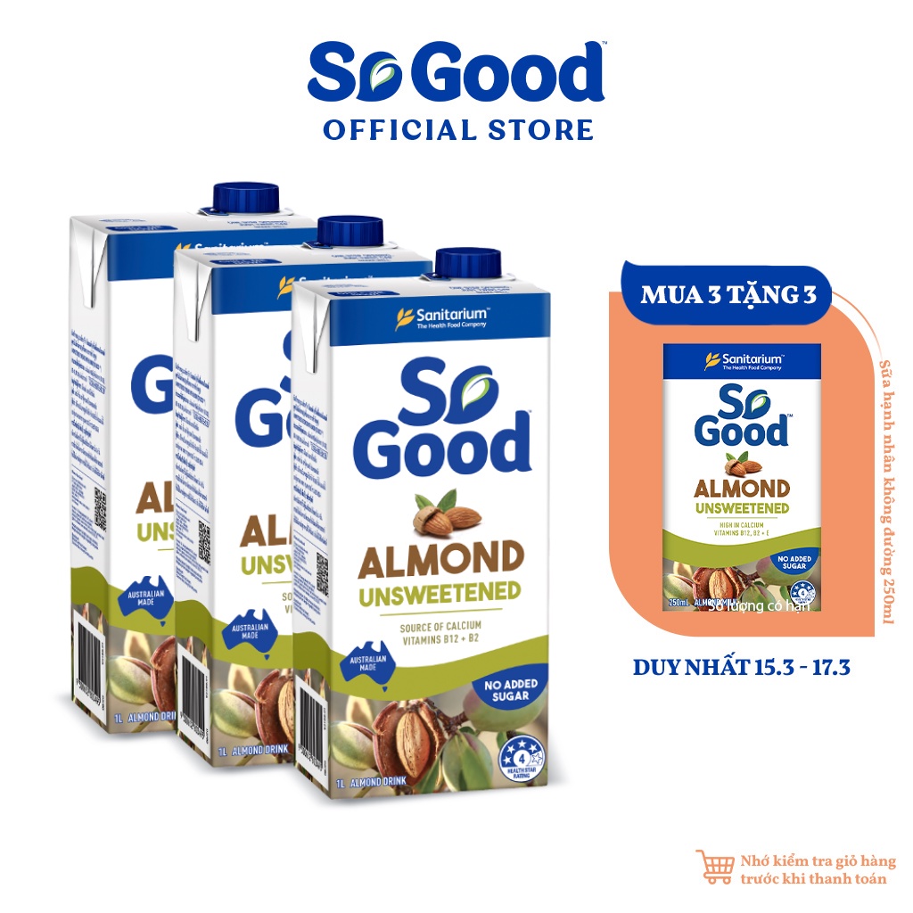 Combo 3 hộp Sữa hạt hạnh nhân không đường SO GOOD 1 Lít bổ sung canxi và vitamin phù hợp người ăn kiêng
