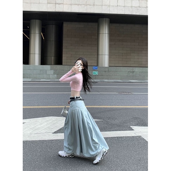 ROSALEE Váy jeans dài xếp li to kèm đai đeo