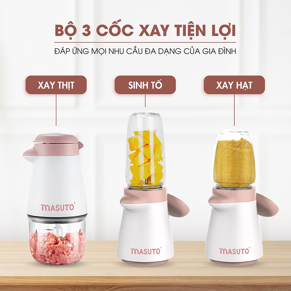 Máy xay ăn dặm đa năng Masuto Baby 3 cối 0,3L say đá hạt thịt tôm cua cá mini siêu nhuyễn mịn cho các bé