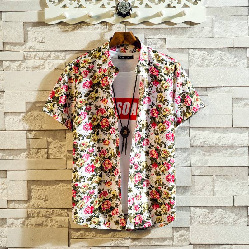 Chất lượng cao Áo sơ mi nam Nữ Họa Tiết Hoa  O S mi nam#Áo Thun Tay Ngắn Dáng Ôm Thời Trang Mùa Hè Phong Cách Hàn Quốc Có Size 39