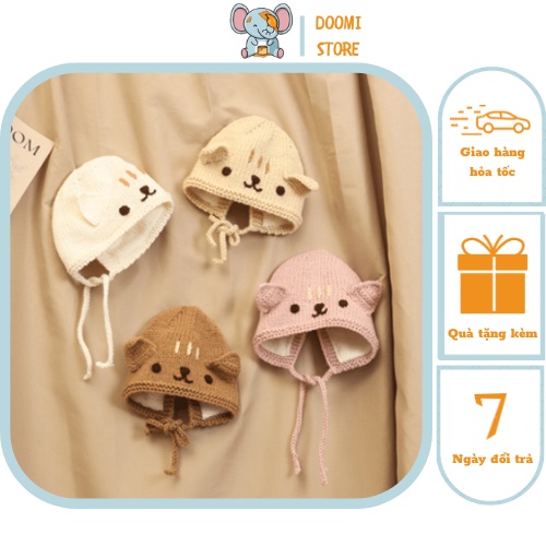 Mũ Len Cho Bé, Mũ Len Tai Mèo Buộc Dây Cho Bé Họa Tiết Siêu Đáng Yêu Doomi Store - SP227