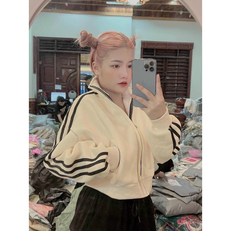 Áo khoác nỉ croptop cổ trụ phối tay 3 sọc cá tính. áo khoác nỉ cánh dơi có đủ màu mặc đi chơi đi học xinh