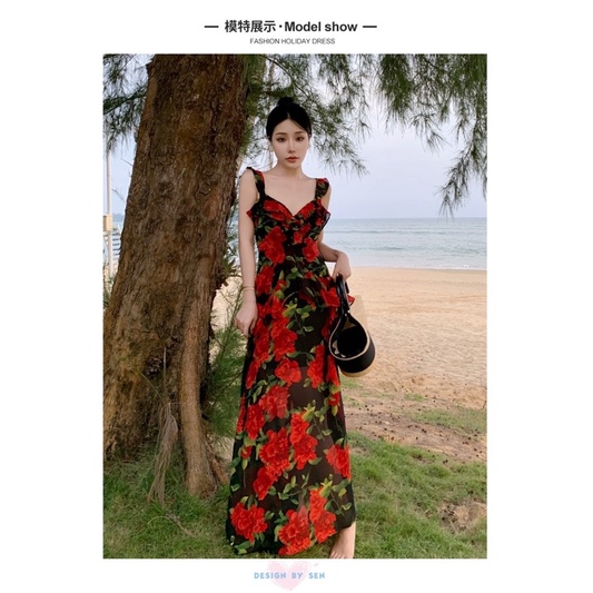 Đầm maxi hoa đi biển phong cách sexy thời trang nữ herse H8