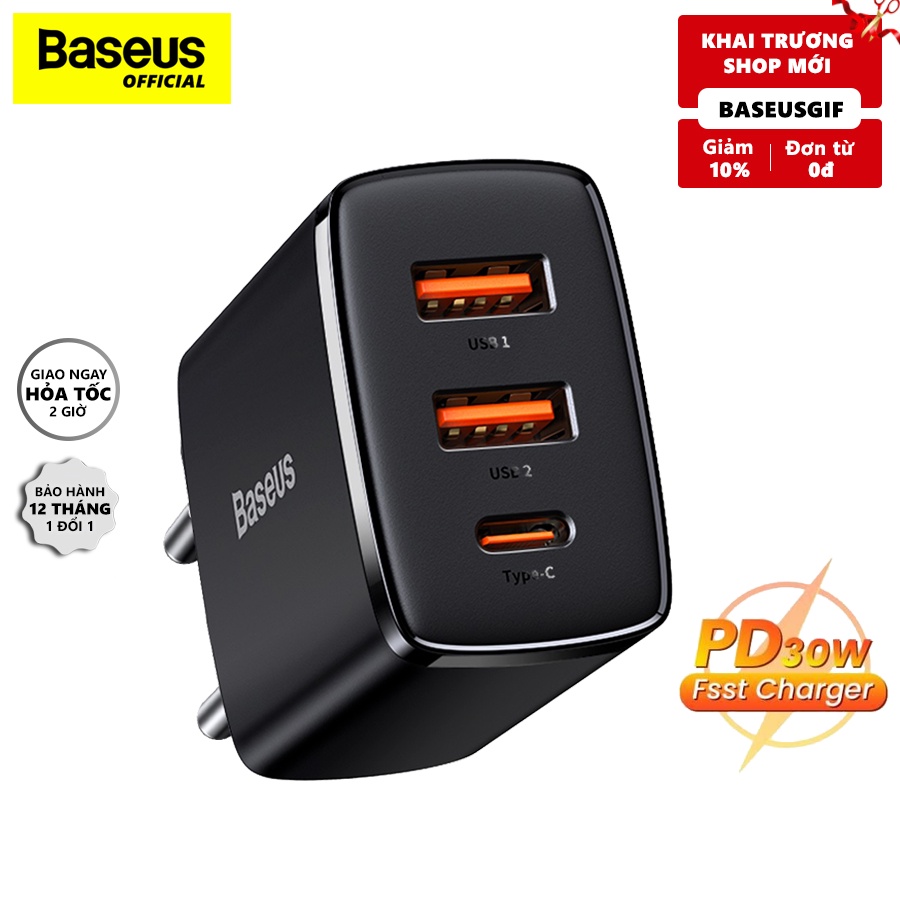 Củ Sạc Baseus Compact 30W PD 3 Cổng 2 USB-A & Type-C - Hàng chính hãng