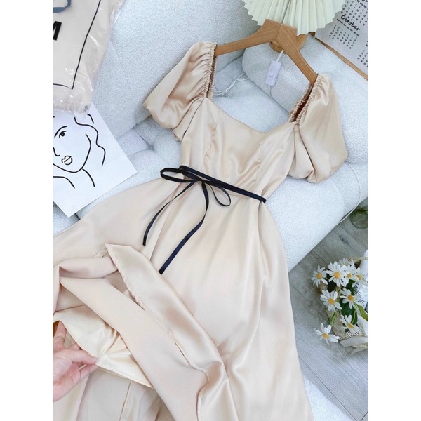 Đầm xoè dự tiệc màu nude kèm dây nơ đen