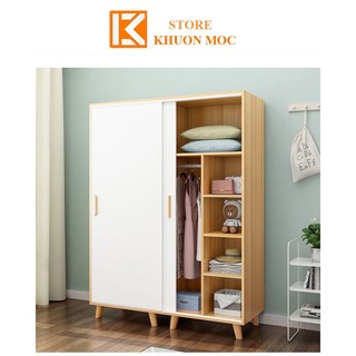 Tủ quần áo bắc âu cửa lùa, Tủ áo cửa trượt có chân gỗ 2 màu kết hợp KM033.1