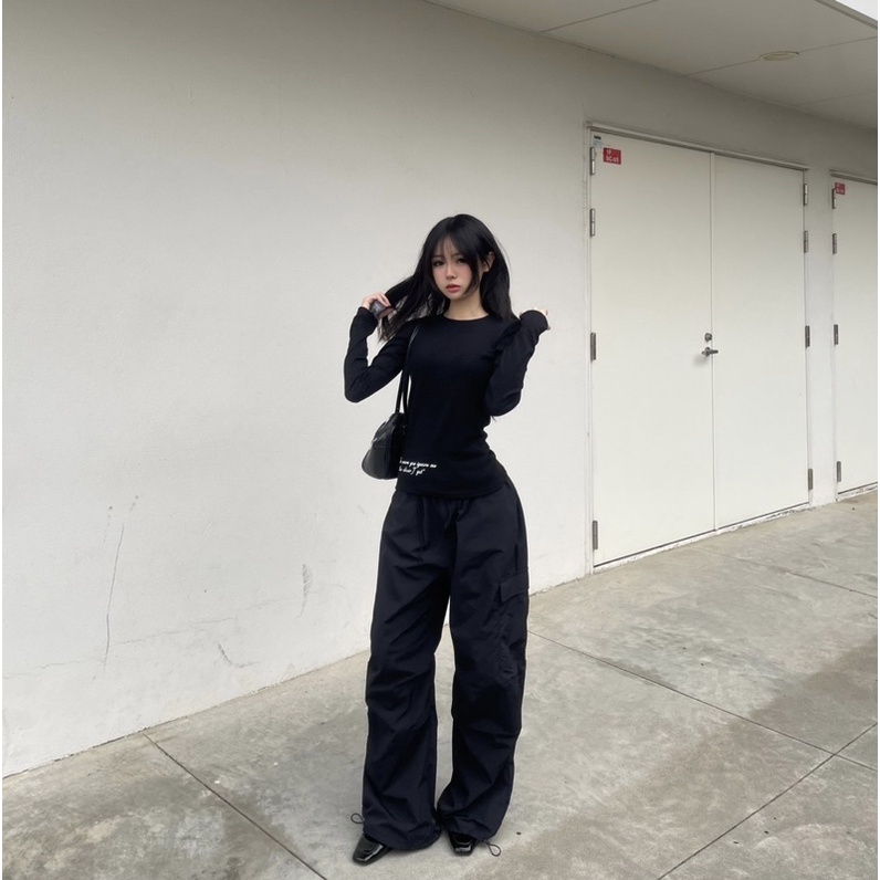 Áo tay dài thun gân co giãn in chữ ASPEN TOP - THESTAN