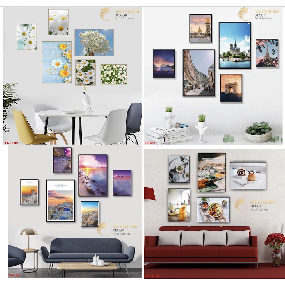 Giá rẻ -Bộ 6 tranh dán tường dày 5mm tranh hoa hồng hoa mẫu đơn thành phố trang trí phòng khách phòng ngủ- Decor