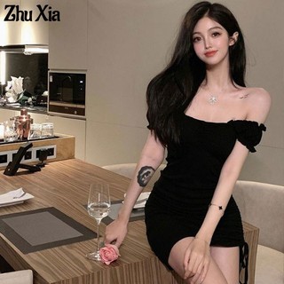 Zhu Xia Đầm Tay Ngắn Dáng Chữ A Ôm Eo Màu Trơn Phối Dây Rút Thời Trang Cho Nữ
