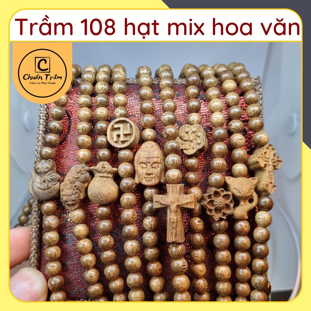 Vòng Tay Trầm Hương 108 hạt đính phụ kiện Chuẩn Trầm, vòng tay 108 hạt trầm hương tốc vườn