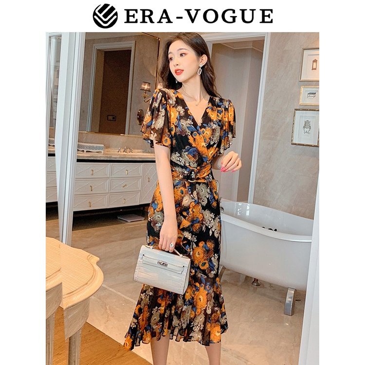 EraVogue🌷 Đầm Đuôi Cá Cổ Chữ V Tay Bay In Họa Tiết Cổ Điển Thời Trang Mùa Hè 4999