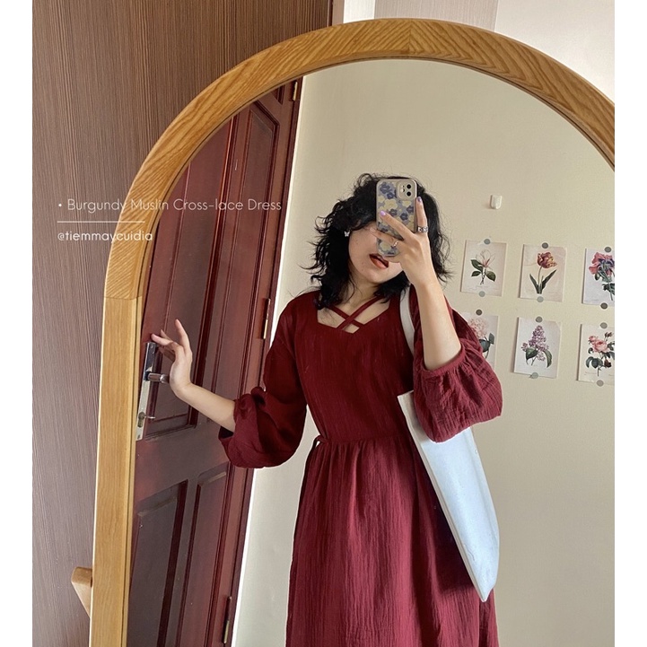 Đầm váy xô muslin đỏ đô đan dây cổ vuông babydoll dáng dài (ảnh thật tự chụp)