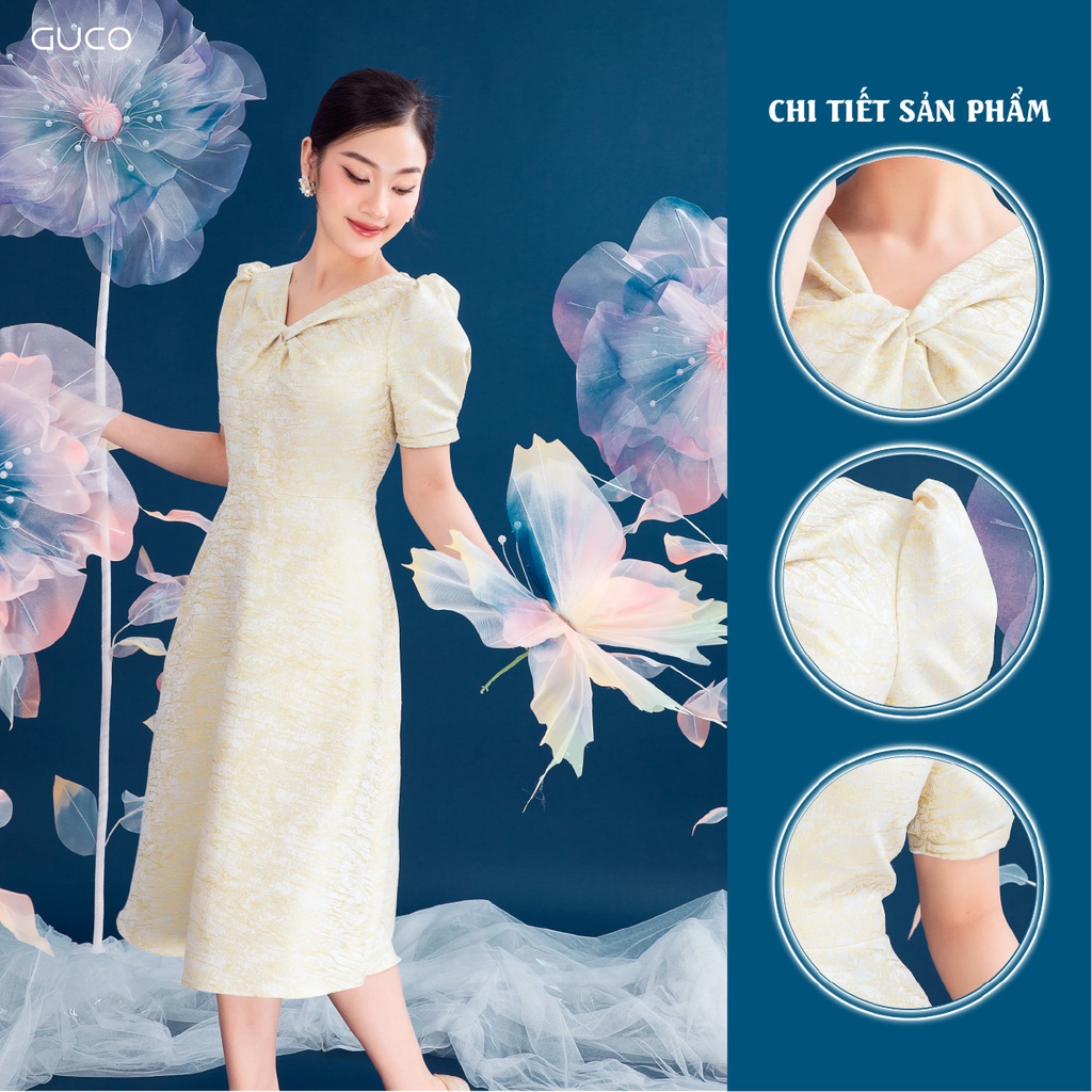 Đầm dáng xòe cổ nơ xoắn 3846 GUCO Vàng