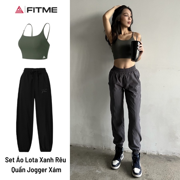 Bộ đồ tập gym Fitme áo bra thể thao nữ Lota màu Xanh rêu, quần jogger microfiber màu Đen