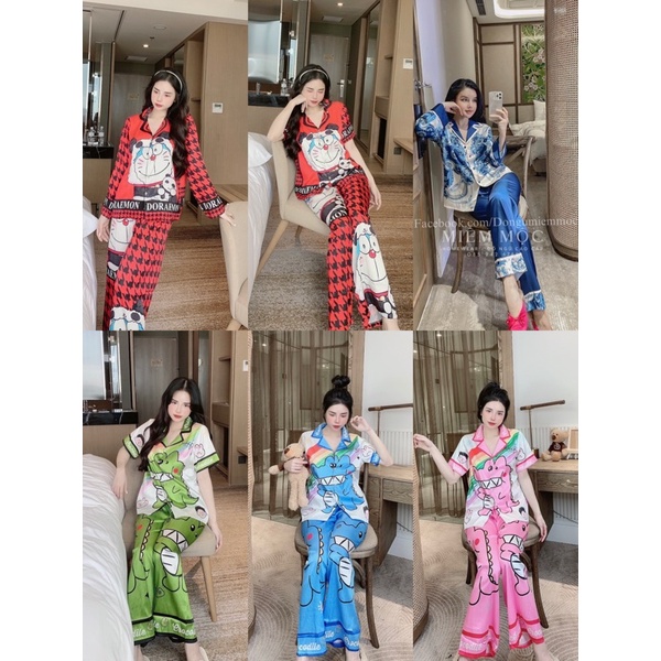 Đồ bộ, đồ mặc nhà- Pỵama nữ Thiết Kế Hoạ Tiết Doraemon Dễ Thương chất liệu lụa xước ánh kim cao cấp