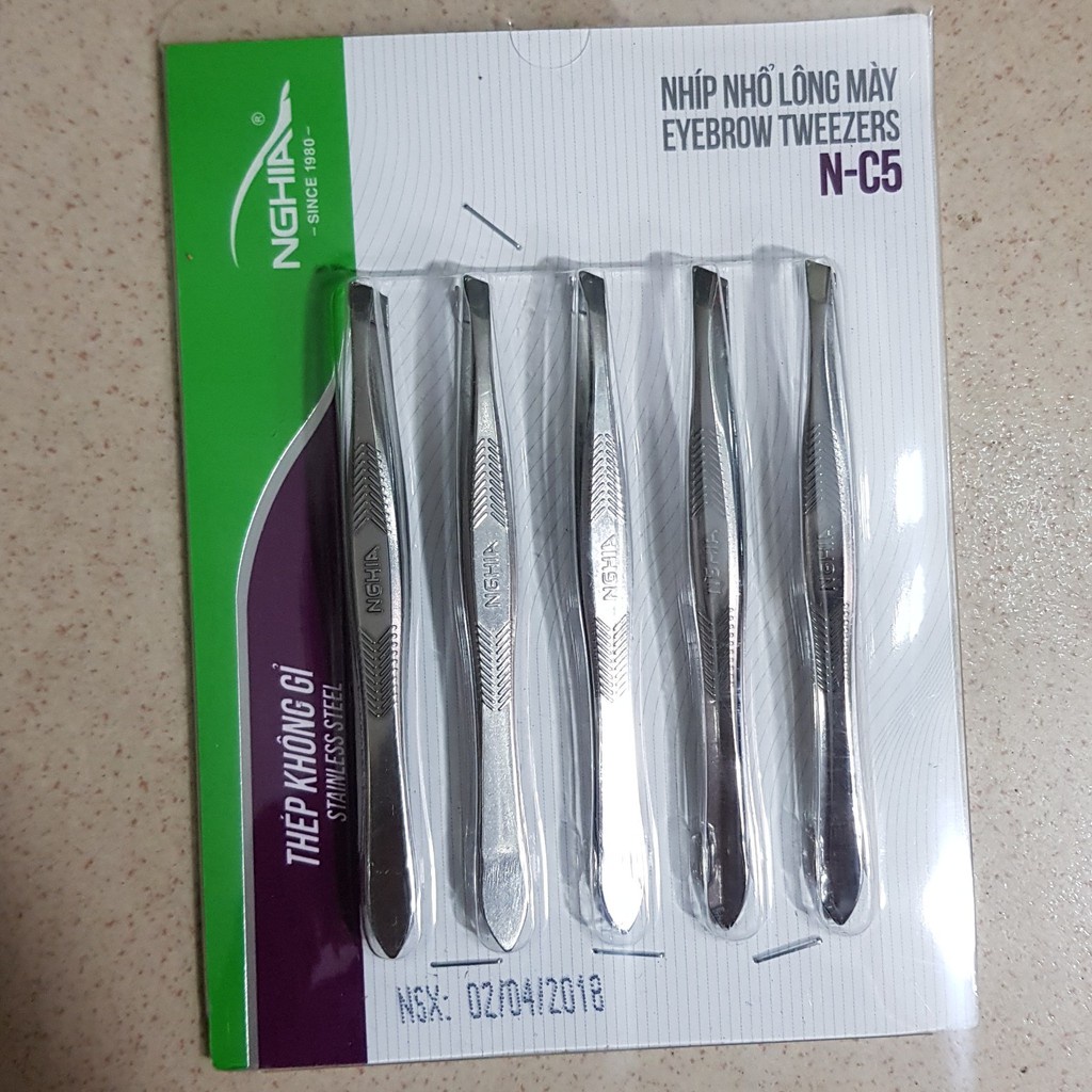 Vĩ 5 Cái Nhíp Nhổ Lông Mày NC5 Đầu Xéo Kềm Nghĩa