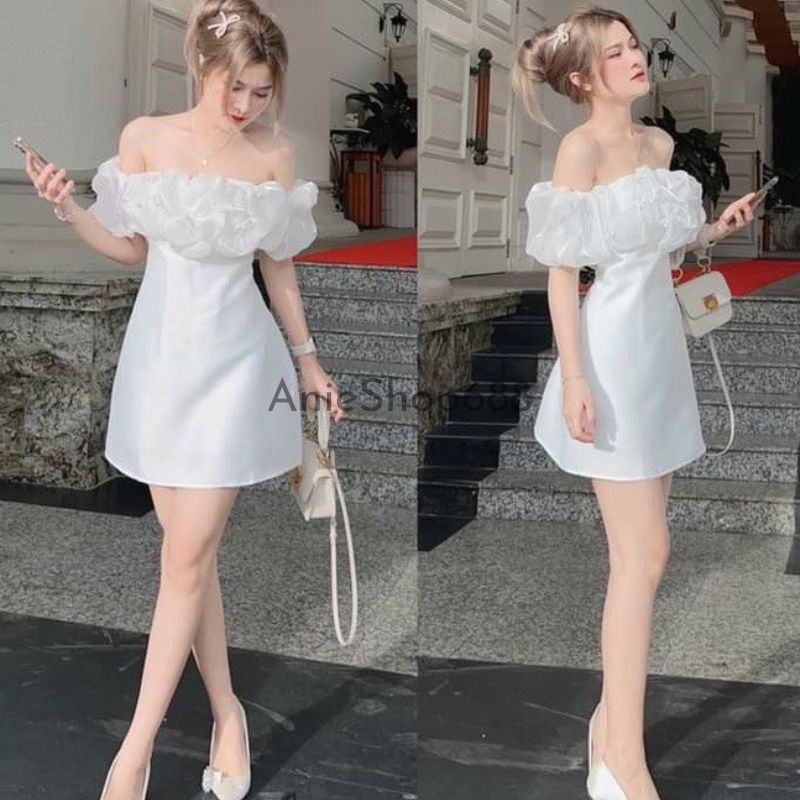 Đầm Nữ dự tiệc trễ vai sang trọng quý phái chất liêu vải umi phối voan ,Đầm ôm body tay bồng bèo ngực ,ANIESHOP688