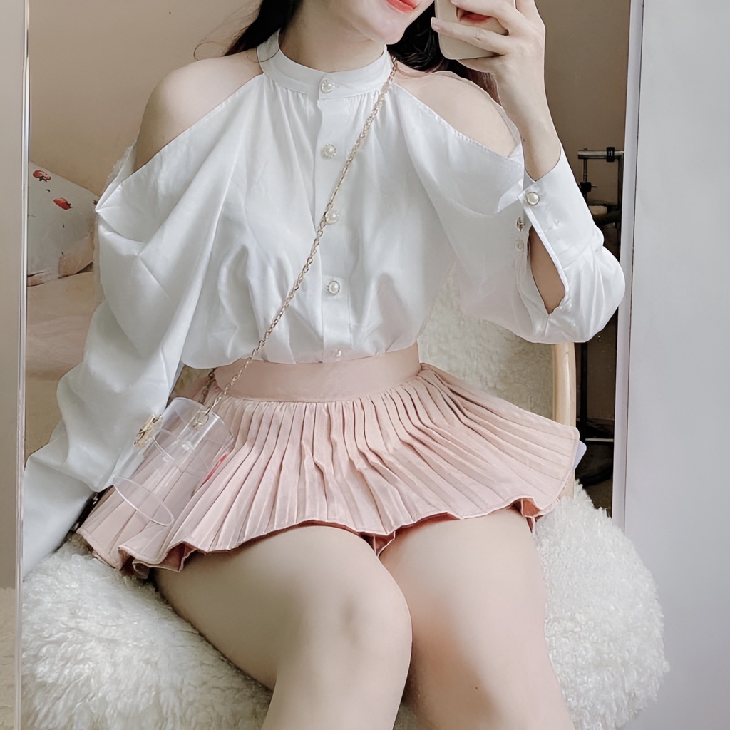 Áo sơ mi nữ tay dài nút ngọc khoét vai tiểu thơ vải chéo ý MÃ QL21