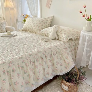 Set ga gối cotton phủ viền ren tiểu thư hoa nhí vitage