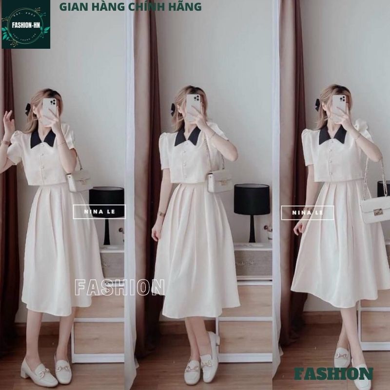 Sét váy nữ trắng xòe dáng dài và áo cộc tay bồng tiểu thư - Bộ chân váy sang chảnh ulzang - FASHION V86