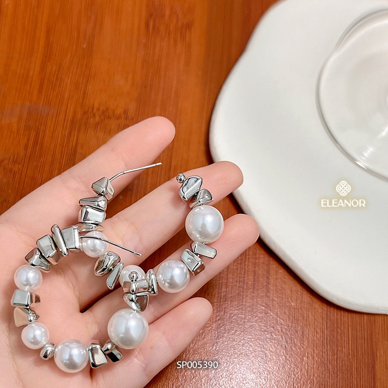 Bông tai nữ chuôi bạc 925 Eleanor Accessories hình chữ C đính ngọc trai nhân tạo thanh lịch phụ kiện trang sức 5390