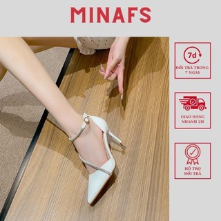 Giày bít mũi nữ minafs quai đính đá 8p da sần khóa cài khoét eo công sở đi tiệc - gbd