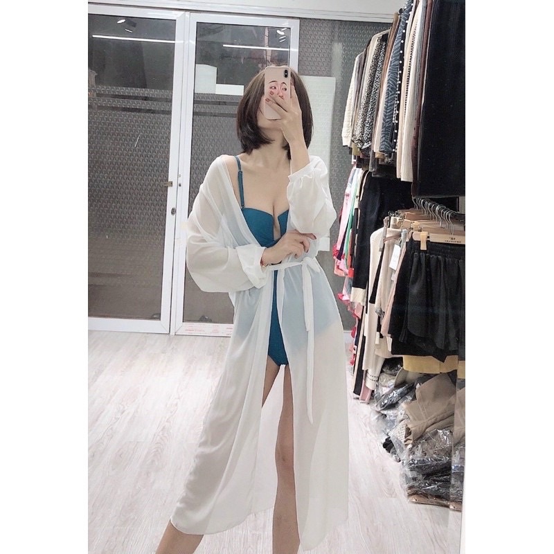 Áo choàng khoát ngoài bikini tay bo vải chất chifong dày dặn, dáng dài 2 màu đen, trắng
