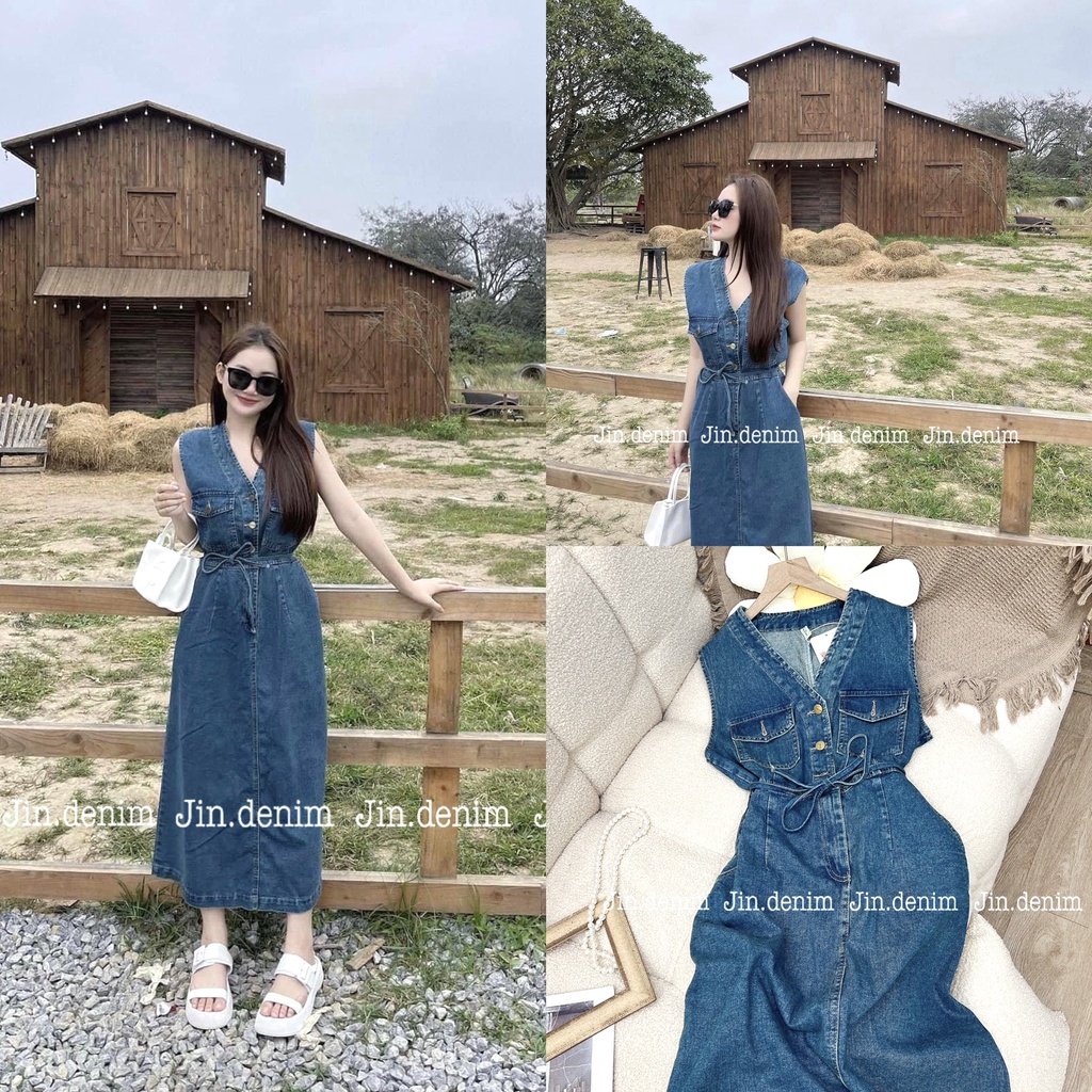 Yếm Váy Nữ Bò Dáng Dài, đầm jean denim khoét nách cổ V, cộc tay xuông dài thiết kế cao cấp, buộc eo 002