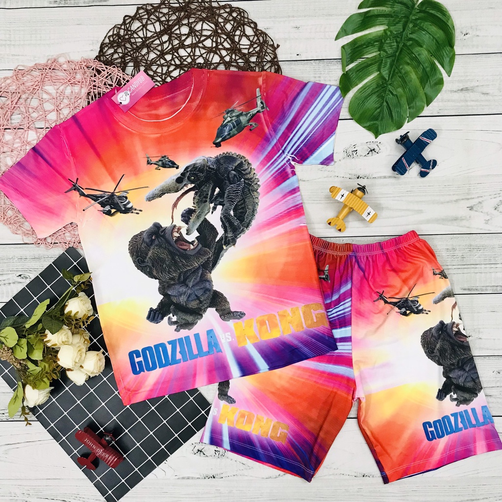 Đồ bộ bé trai in hình King Kong và Godzilla chiến đấu, bộ thun lạnh tay ngắn trẻ em size đại từ 10kg -60kg