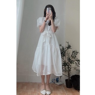 Váy đầm trắng hoa nhí babydoll ulzzang du lịch lễ hội xuân biển dự tiệc cổ tròn vintage thiết kế body tay ngắn