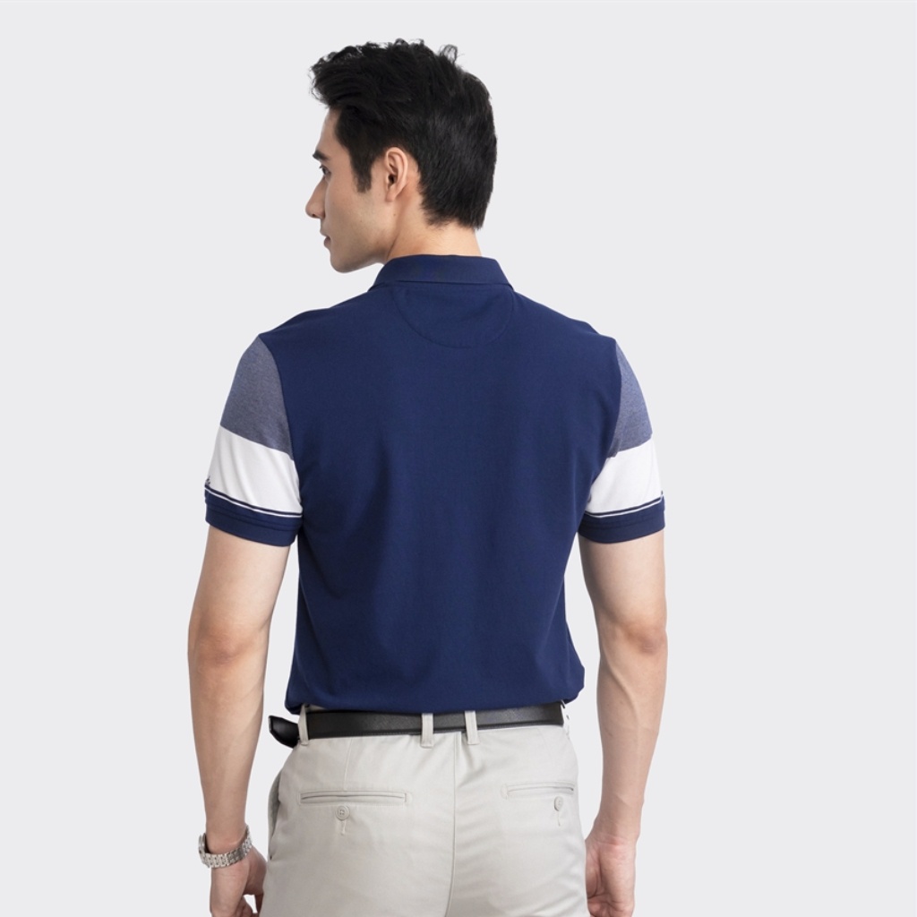 Áo thun polo nam Aristino APS121S3 phông ngắn tay cổ bẻ công sở màu xanh tím than 45 kẻ jacquard vải polyester thể thao