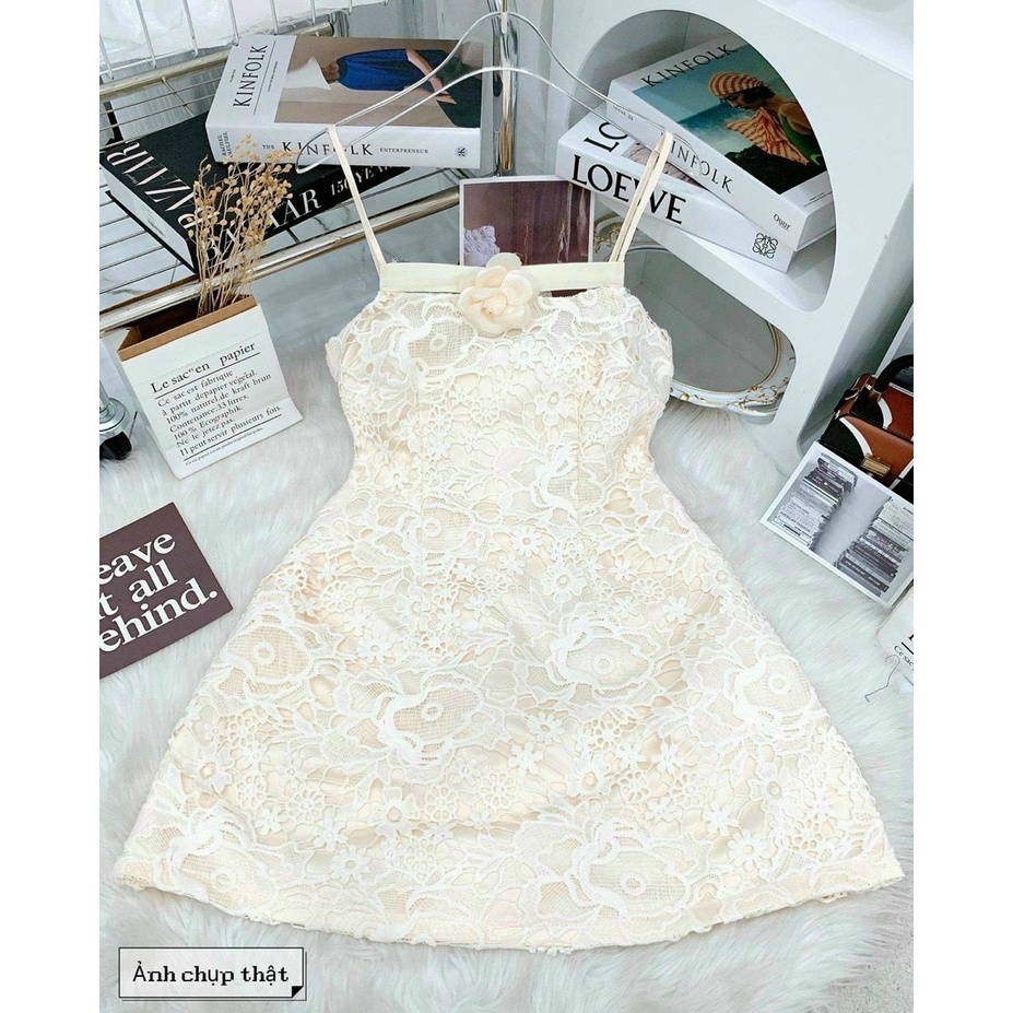 Đầm váy ren nữ dự tiệc 2 dây thiết kế FLORAL DESIGN kèm tag hoa ngực sang chảnh ôm eo 2 màu trắng kem nâu size S M