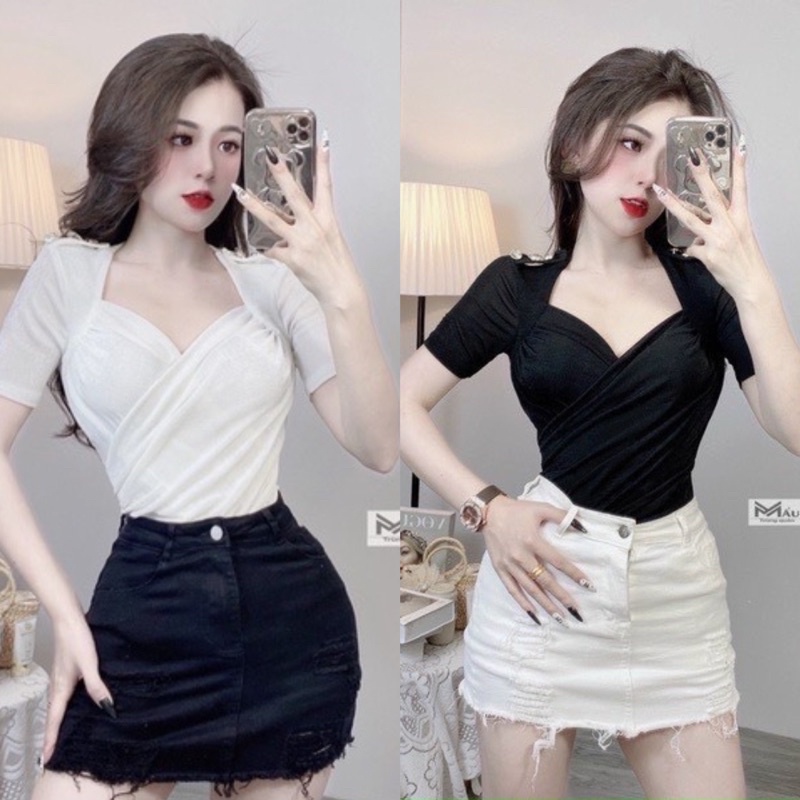 Áo cổ U đáp chéo đính hàng cúc ở vai(kèm ảnh thật)