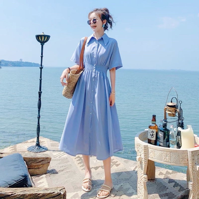 Đầm sơ mi chun eo 2 màu